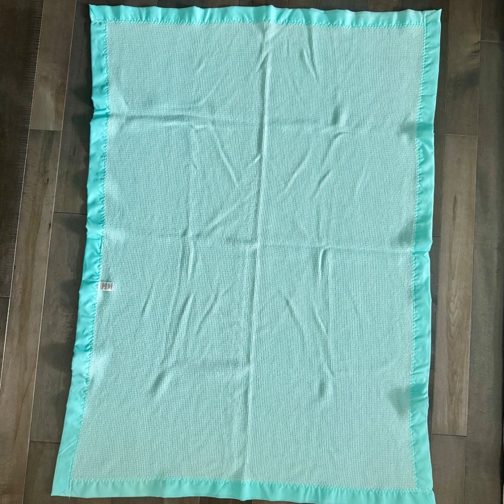 Baby Morgan Vintage Waffle Weave Thermal Baby Blanket Satin Trim Aqua Turquoise
